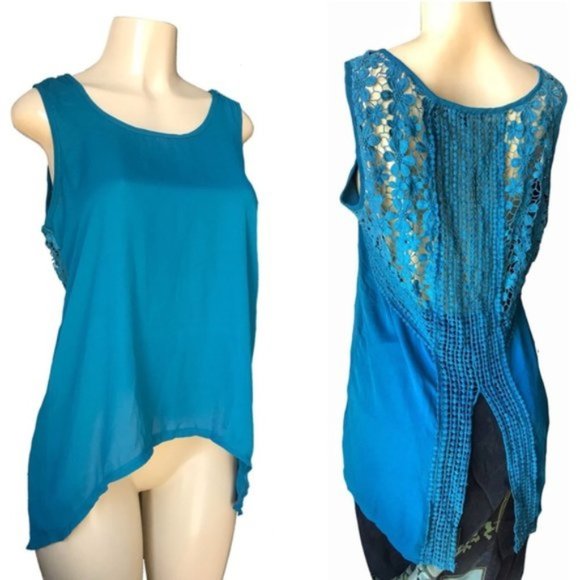 Romeo & Juliet Teal High Low Crochet Back Tank Top - Picture 1 of 7